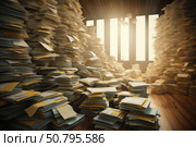 Huge piles of paperwork filling modern office space with bright sunlight. Стоковое AI-изображение, AI-художник Иван Рябоконь / Фотобанк Лори