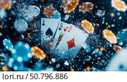 Ace and Queen Playing Cards amidst Casino Chips and Glitter. Стоковое AI-изображение, AI-художник Данила Большаков / Фотобанк Лори