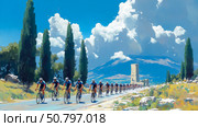 Cyclists Race Through Tuscan Landscape: A Sun-Drenched Cycling Competition. Стоковое AI-изображение, AI-художник Данила Большаков / Фотобанк Лори