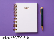 Empty notebook 2026. Purple color background. Blank Greeting Card, Invitation. Minimal Flier Design. Back to life, goal list concept. Resolutions, plan, goals, checklist idea. Top view. New Year. Стоковое AI-изображение, AI-художник Марина Демидюк / Фотобанк Лори
