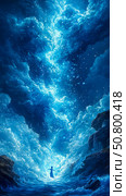 Mystical Ocean Encounter: Woman facing a celestial wave of light and flocking birds in a nighttime dreamscape. Стоковое AI-изображение, AI-художник Данила Большаков / Фотобанк Лори