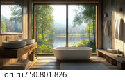 Modern luxury bathroom with picture window overlooking a tranquil lake and lush forest. Стоковое AI-изображение, AI-художник Михаил Коханчиков / Фотобанк Лори