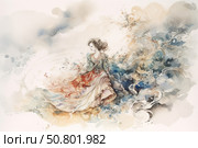 Watercolor illustration of a young woman in a luxurious dress, merging with a bubbling stream of water and floral swirls. The painting is filled with movement, lightness and ephemeral beauty. Harmony of femininity, nature and imagination, executed in soft pastel colors with smooth transitions. Ideal for themes of art, romance, dreams and inspiration. Стоковое AI-изображение, AI-художник Анна Кривицкая / Фотобанк Лори