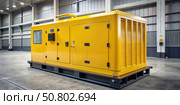 Yellow Industrial Power Generator Installation in a Large Warehouse. Generative AI. Стоковое AI-изображение, AI-художник Roman Zavorotny / Фотобанк Лори