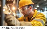Worker in safety gear focuses on machinery in an industrial setting during daytime. Стоковое AI-изображение, AI-художник Сергей Толмачёв / Фотобанк Лори