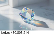 A stunning rainbow prism diamond rests elegantly on a polished marble surface, captivating the eye. Стоковое AI-видео, аниматор Лариса Пономарева / Фотобанк Лори