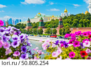 Кремлевская набережная и красивые яркие цветы петунии. Солнечный летний день. Москва. Россия. Редакционное фото, фотограф E. O. / Фотобанк Лори