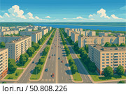 Urban view of Tolyatti with Soviet-style boulevards and river backdrop. Стоковое AI-изображение, AI-художник Максим Гребешков / Фотобанк Лори
