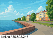 Lakeside Petrozavodsk view with granite quays and classic buildings. Стоковое AI-изображение, AI-художник Максим Гребешков / Фотобанк Лори