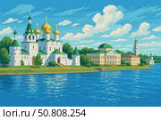 Tranquil riverside view of Kostroma with monasteries and Volga River. Стоковое AI-изображение, AI-художник Максим Гребешков / Фотобанк Лори