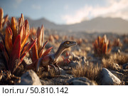 Small predatory dinosaur Coelophysis hunts in the natural environment of the Triassic period. Стоковое AI-изображение, AI-художник Алексей Кузнецов / Фотобанк Лори