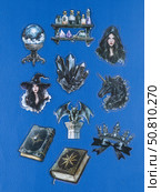 Novosibirsk, Russia - May 30, 2025: Vinyl stickers featuring mystical and enchanting witch-inspired designs in a dark, elegant style. These stickers depict cauldrons, spellbooks, crescent moons, pentagrams, magical symbols, and mysterious figures adorned with robes and hats. Редакционное фото, фотограф Виталий Сова / Фотобанк Лори