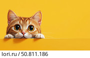 Curious orange cat peeking over a bright yellow surface. Стоковое AI-изображение, AI-художник Татьяна  Бральнина / Фотобанк Лори