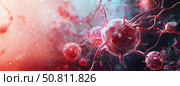 Tumor microenvironment background with cancer cells, T-Cells, nanoparticles, molecules and blood vessels. Стоковое AI-изображение, AI-художник Anastasy Yarmolovich / Фотобанк Лори