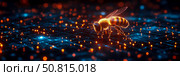 Bee on Glowing Circuit Board, A Metaphor for Technological Interdependence and Environmental Awareness. Стоковое AI-изображение, AI-художник Данила Большаков / Фотобанк Лори
