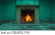 Eerie Abandon: A derelict room with a glowing hearth, where serenity meets ruin and warmth battles decay. Стоковое AI-изображение, AI-художник Данила Большаков / Фотобанк Лори