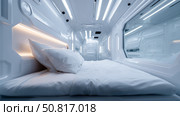 Modern capsule hotel room offers minimalist and futuristic accommodations in a compact space. Стоковое AI-изображение, AI-художник Сергей Толмачёв / Фотобанк Лори