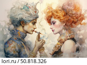 An atmospheric Art Nouveau watercolor illustration of a sophisticated couple in historical and fantasy costumes. The man with silver hair and a crown hands a lit match to the woman with a lush fiery red hairdo. Light smoke swirls around them, creating a sense of intimacy and theatrical drama. Rich detail, expressive faces and decorative elements create an exquisite composition filled with symbolism and mystery. Ideal for covers, posters, design projects and themes of love, art and emotions. Стоковое AI-изображение, AI-художник Анна Кривицкая / Фотобанк Лори