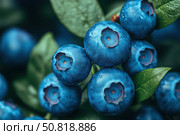 Close-Up of Fresh Blueberries on Their Bush Surrounded by Lush Green Leaves, Highlighting the Natural Beauty and Vibrancy of This Nutritious Fruit. Стоковое AI-изображение, AI-художник Башкирова Анна / Фотобанк Лори