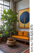 Eclectic Living room indoor garden concept with an orange sofa and tree art. Стоковое AI-изображение, AI-художник Данила Большаков / Фотобанк Лори