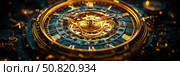 Mechanism of Time: A glimpse into the heart of antique timepiece, showcasing its intricate gold & blue gear, symbolizing precision and past era. Стоковое AI-изображение, AI-художник Данила Большаков / Фотобанк Лори