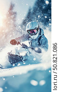 Winter Sport: Snowmobile Rider in Action, Extreme Winter Adventure. Стоковое AI-изображение, AI-художник Данила Большаков / Фотобанк Лори