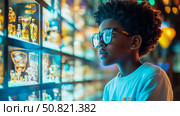 Boy's fascination: A child gazing into a case of artistic glasswork, reflecting wonder and the allure of craftsmanship, a moment of youthful curiosity. Стоковое AI-изображение, AI-художник Данила Большаков / Фотобанк Лори