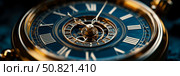 Steampunk Timepiece: Intricate Golden Gears and Roman Numerals on a Blue Face, Embodiment of Timelessness and Mechanical Elegance. Стоковое AI-изображение, AI-художник Данила Большаков / Фотобанк Лори