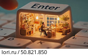 A miniature scene inside an Enter key shows a young Asian man working at a desk in a cozy room filled with books and plants. Warm lighting creates a welcoming atmosphere. Стоковое AI-видео, аниматор Ekaterina Ismagilova / Фотобанк Лори