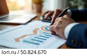 The 2025 New Year business goals concept. Businessman analyzes graph of trend market growth in 2025 and plans business growth and profit increases. calculates financial data. Стоковое AI-изображение, AI-художник Sergey Grishin / Фотобанк Лори