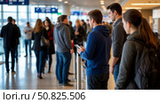 People standing in a queue, some using smartphones, in a busy indoor area with signs overhead. Individuals wear casual clothing, and there is a feeling of anticipation and movement. Стоковое AI-изображение, AI-художник Olga Dmitrieva / Фотобанк Лори