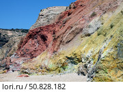 Hydrothermally altered red and yellow cliffs with fresh fumarolic deposits, Greece (2012 год). Стоковое фото, фотограф Richard Roscoe/Stocktrek Images / ТАСС / Фотобанк Лори