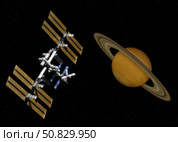 The International Space Station transits near Saturn. Стоковое фото, фотограф Steven Hobbs/Stocktrek Images / ТАСС / Фотобанк Лори