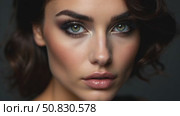 Classic Smokey makeup on woman face, beautiful big eyes. Fashion Perfect makeup, expressive eyes on girl face, smooth black eyebrows, licked brunette hair. Portrait of a woman, skincare concept. Стоковое AI-видео, аниматор Sergey Grishin / Фотобанк Лори