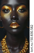 Beauty gold makeup lips eyelids woman black skin color body art, gold jewelry chain, fingertips nails in gold color paint. Professional gold makeup of beautiful african american black female. Стоковое AI-видео, аниматор Sergey Grishin / Фотобанк Лори