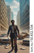 Undead Executive Stroll Through Ruined City. Стоковое AI-видео, аниматор Данила Большаков / Фотобанк Лори