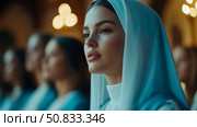 Thoughtful Nun: A moment of solemn reflection, evoking serenity and contemplative mood, for religious illustration and quiet reflection. Стоковое AI-изображение, AI-художник Данила Большаков / Фотобанк Лори