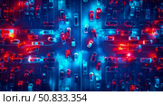 Nightscape of Urban Congestion: An aerial perspective showcases the vibrant tapestry of vehicles amidst glowing city light. Стоковое AI-изображение, AI-художник Данила Большаков / Фотобанк Лори