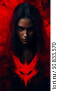 Crimson Witch Portrait: A powerful sorceress embodying fury and arcane might, design for dramatic poster. Стоковое AI-изображение, AI-художник Данила Большаков / Фотобанк Лори