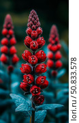 Crimson Bloom Spire: A trio of scarlet blossoms rises in a garden, their velvet petals unfurling against a serene teal canvas. Стоковое AI-изображение, AI-художник Данила Большаков / Фотобанк Лори