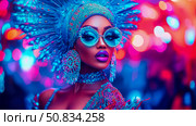 Carnival Extravaganza: Woman with Feathers and Rhinestones, a festive portrait for print, poster, or celebration card. Стоковое AI-изображение, AI-художник Данила Большаков / Фотобанк Лори