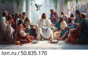 Religious concept: Pentecost scene with the descent of the Holy Spirit onto apostles, design for print, card, poster. Стоковое AI-изображение, AI-художник Данила Большаков / Фотобанк Лори