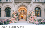 Grand floral entrance at opulent venue. Event design for print, card, poster. Стоковое AI-изображение, AI-художник Данила Большаков / Фотобанк Лори