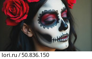 Halloween beauty skeleton woman makeup face. Girl death Halloween costume. Day of The Dead. Charming and dangerous Calavera Catrina. Стоковое AI-видео, аниматор Sergey Grishin / Фотобанк Лори