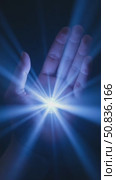 Light through the palms of your hands in ultraviolet, God and religion. Divine light through hand fingers, prophet Muhammad. Prodigy. Стоковое AI-видео, аниматор Sergey Grishin / Фотобанк Лори