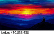 Contemplative Sunrise: Silhouette Meditating Atop Mountain, Inspiring Tranquility And Hope For Future. Стоковое AI-изображение, AI-художник Данила Большаков / Фотобанк Лори