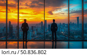 Strategic Vision: Businessmen Contemplating Cityscape at Dawn - Success, Opportunity, Leadership, Corporate, Strategy, Future, Aspirations, ambition. Стоковое AI-изображение, AI-художник Данила Большаков / Фотобанк Лори