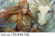 A fantasy digital illustration of a majestic female warrior in rich golden armor standing next to a white horse. The woman has long red hair braided into a braid, an ornate crown with precious stones and a serious, powerful look. The wind blows her cloak, creating a sense of movement and epicness. The illustration is made with a high level of detail and is ideal for book covers, games, fantasy content, trading cards, board games and fairy tale design. Стоковое AI-изображение, AI-художник Анна Кривицкая / Фотобанк Лори