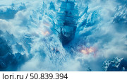 Frozen Conquest: A colossal ship descends upon a frigid battlefield amidst snow, ice, and sparks, casting an imposing shadow over battling figures. Стоковое AI-изображение, AI-художник Данила Большаков / Фотобанк Лори
