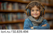 Child's Joyful Audio Escape: A Portrait of a Young Listener in Headphones, Embracing Music. Стоковое AI-изображение, AI-художник Данила Большаков / Фотобанк Лори